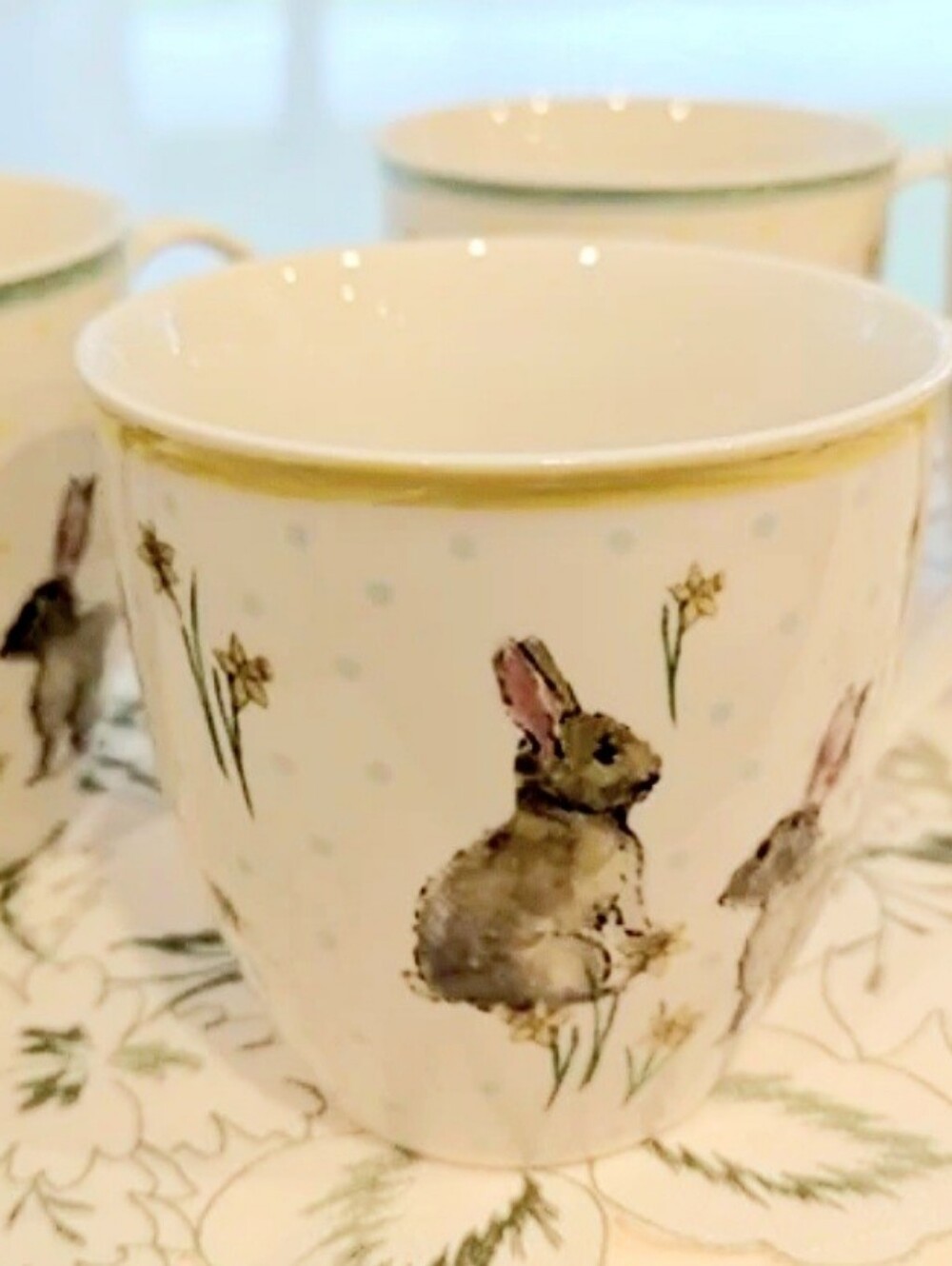 4 Milly Green 18oz. Mugs featuring a Charming Rabbit and Daffodils Design